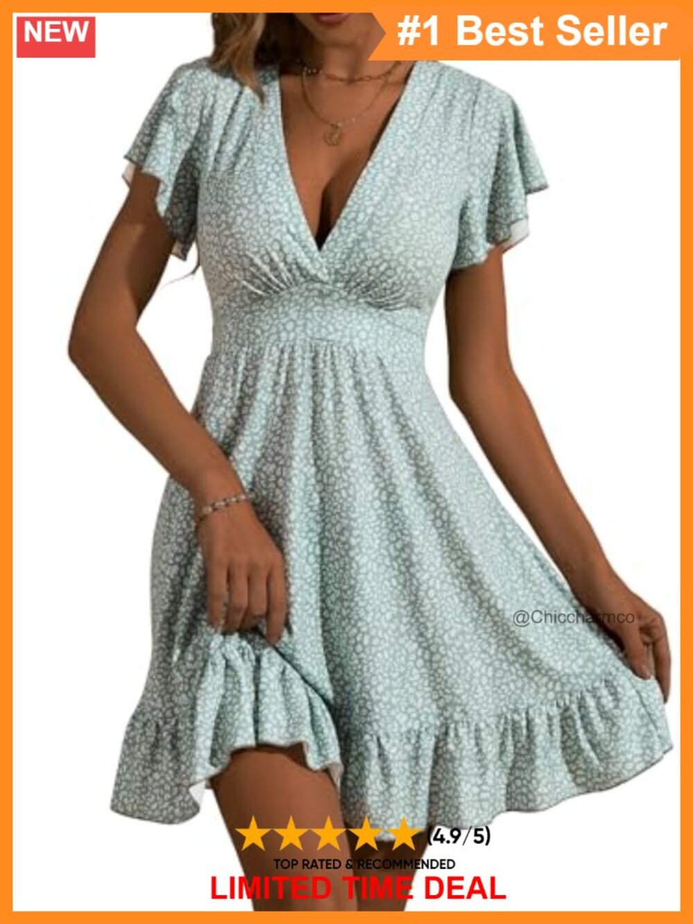 Womens Summer Floral Wrap V Neck Cap Sleeve Ruffle A-Line Sun Dress